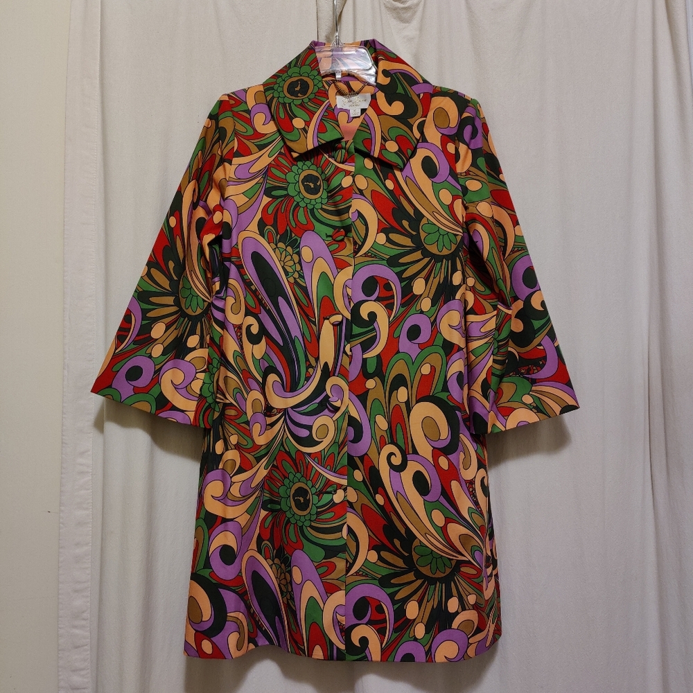 Julie Brown Retro Mod Inspired Psychedelic Print Cotton Twill Coat, M